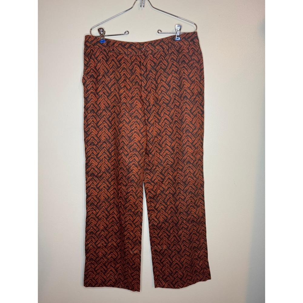 Garnet Hill Womens 8 Linen Wide Leg Pants Rust Brown Chevron Geometric Trousers